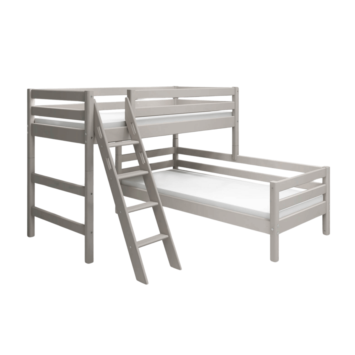 Grey bunk bed with slanting ladder and safety rail, space-saving design for kids' bedrooms.