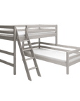Grey bunk bed with slanting ladder and safety rail, space-saving design for kids' bedrooms.