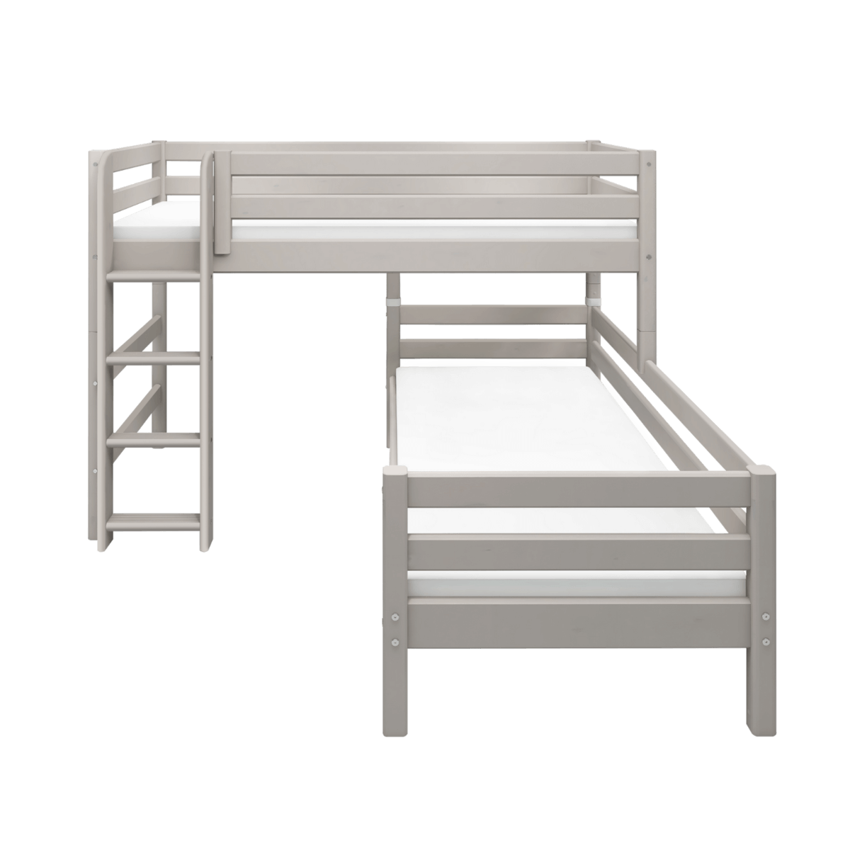 Grey bunk bed with ladder and safety rail, designed for space-saving and flexibility in children's rooms.