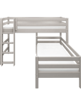 Grey bunk bed with ladder and safety rail, designed for space-saving and flexibility in children's rooms.