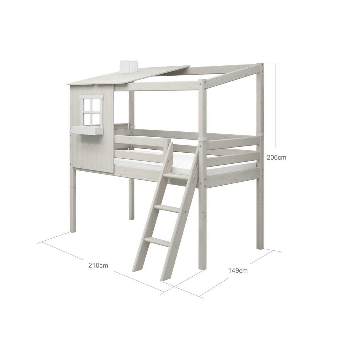 High bed with treehouse design, ladder, and safety rail dimensions 210x149x206 cm, perfect for playful children's bedrooms.