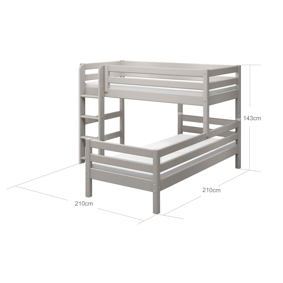 FLEXA CLASSIC grey bunk bed with ladder and safety rail, dimensions 210x143 cm, ideal for kids&#39; rooms and space saving.