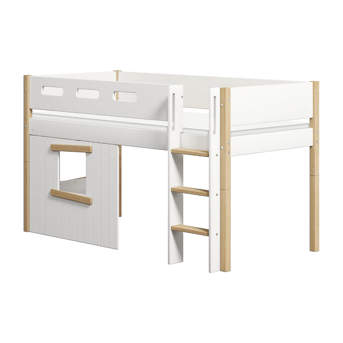 High bed 120 cm with treehouse design, ladder, and safety rail in white and oak, ideal for imaginative play.