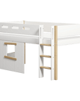 High bed 120 cm with treehouse design, ladder, and safety rail in white and oak, ideal for imaginative play.