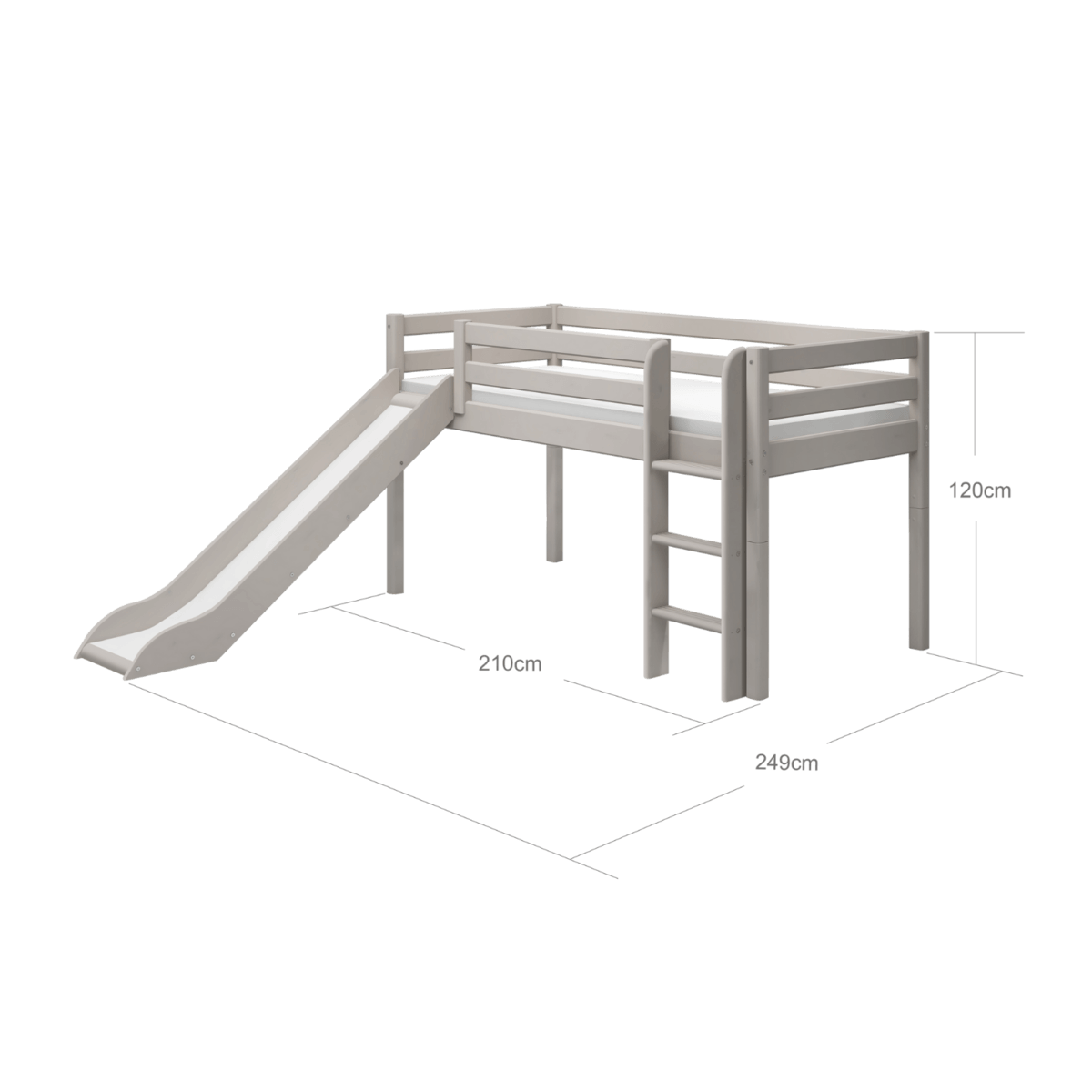 High bed with slide and ladder, 120 cm height, 90x200 cm, in grey, featuring anti-slip steps and safety rail.