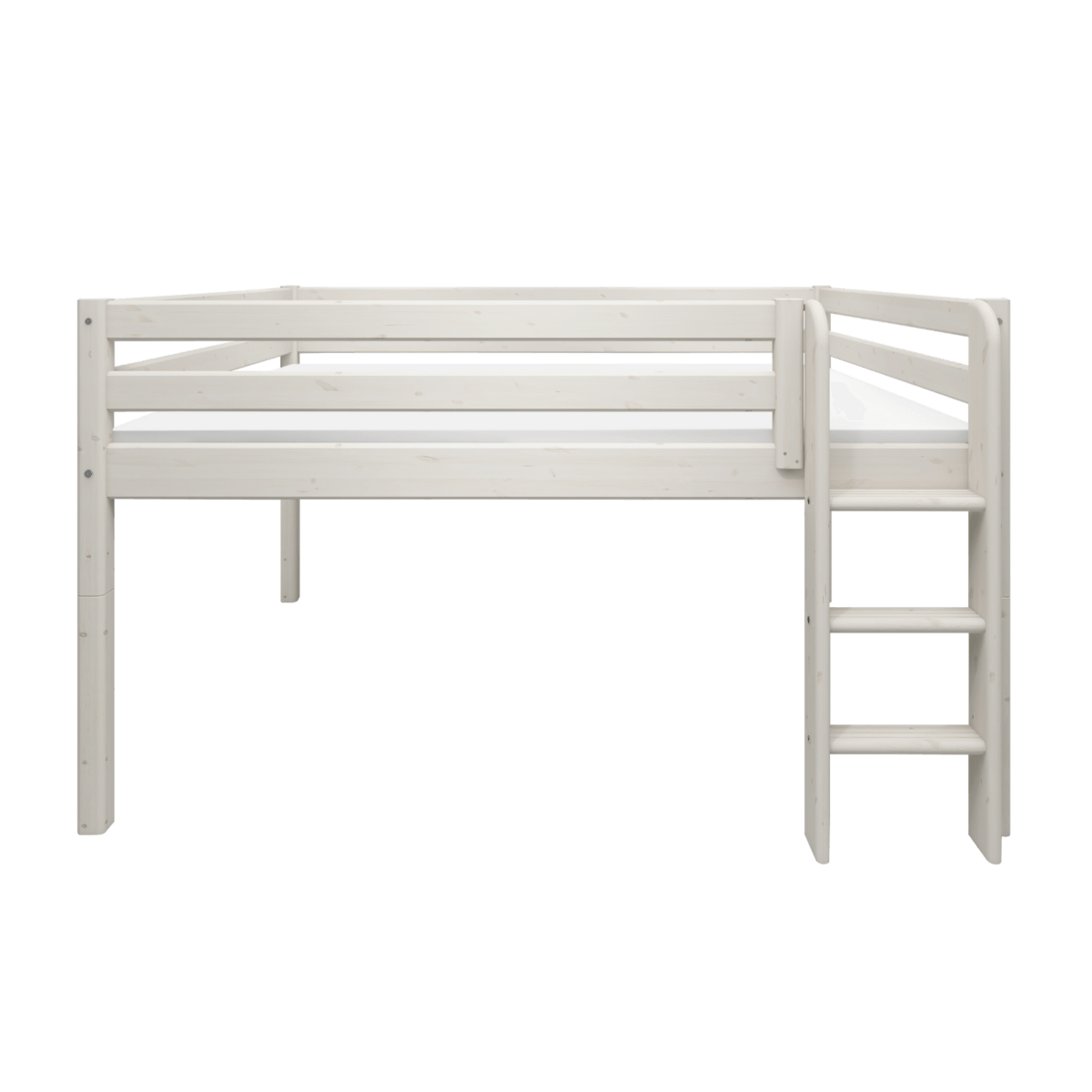 High bed with safety rail and ladder, 120 cm height, in white finish, perfect for maximizing space and comfort.