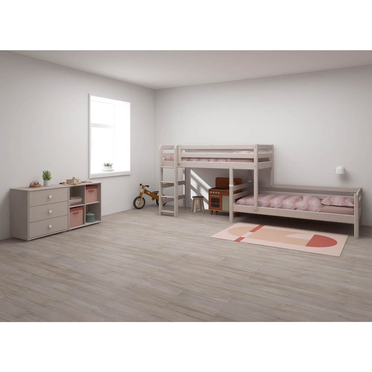 Space-saving grey bunk bed with ladder in modern child's room, featuring soft bedding and wooden accents.