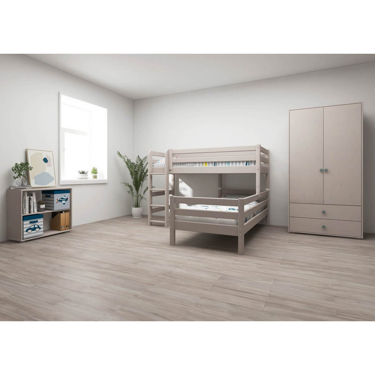 FLEXA Classic grey bunk bed with ladder and safety rail in a bright, spacious children's room.