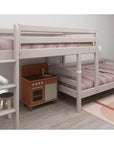 FLEXA Classic semi-high bunk bed in grey with ladder and safety rail, featuring cozy bedding and play kitchen.