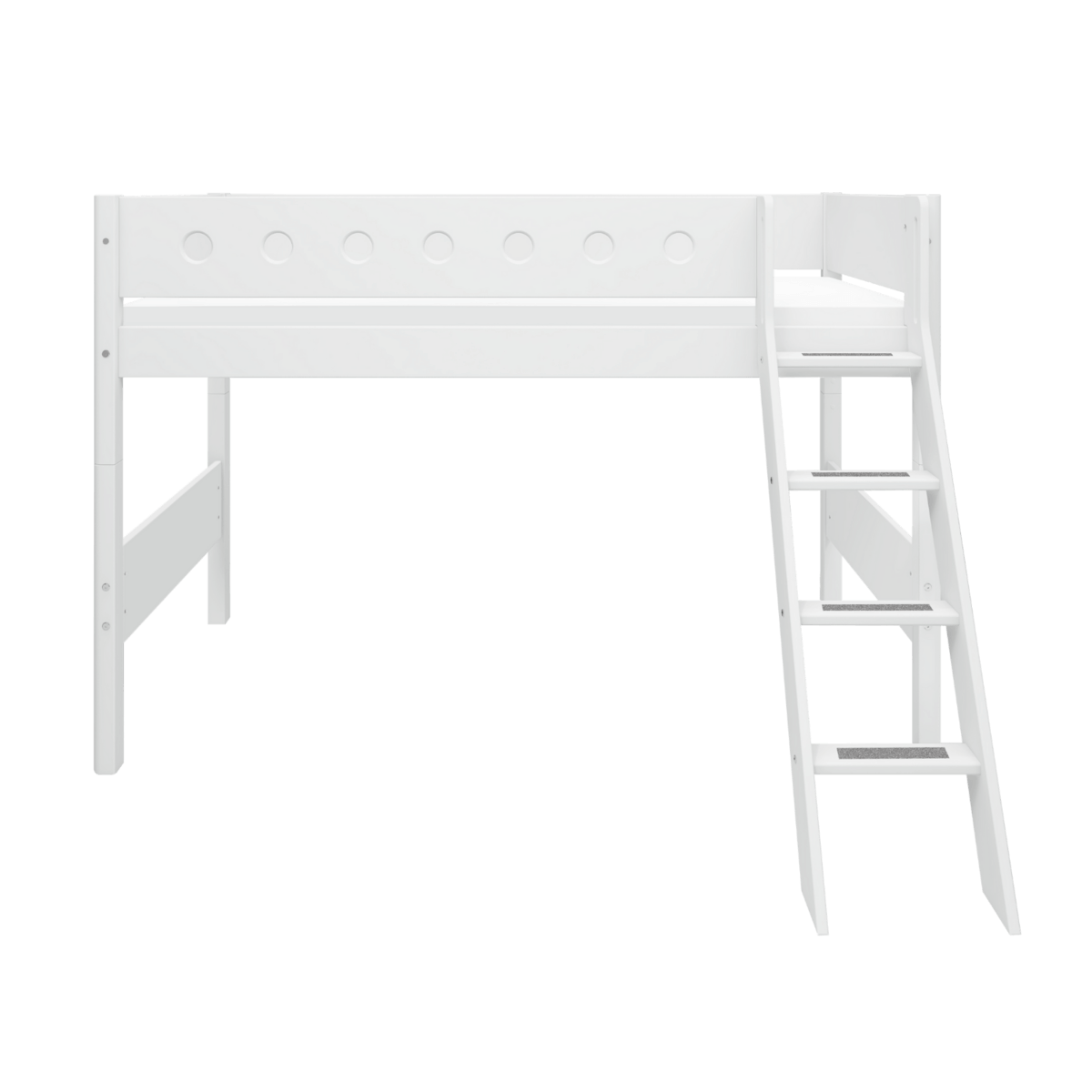 High white bed with ladder and safety rail, perfect for children's rooms, offering storage space underneath.