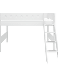 High white bed with ladder and safety rail, perfect for children's rooms, offering storage space underneath.