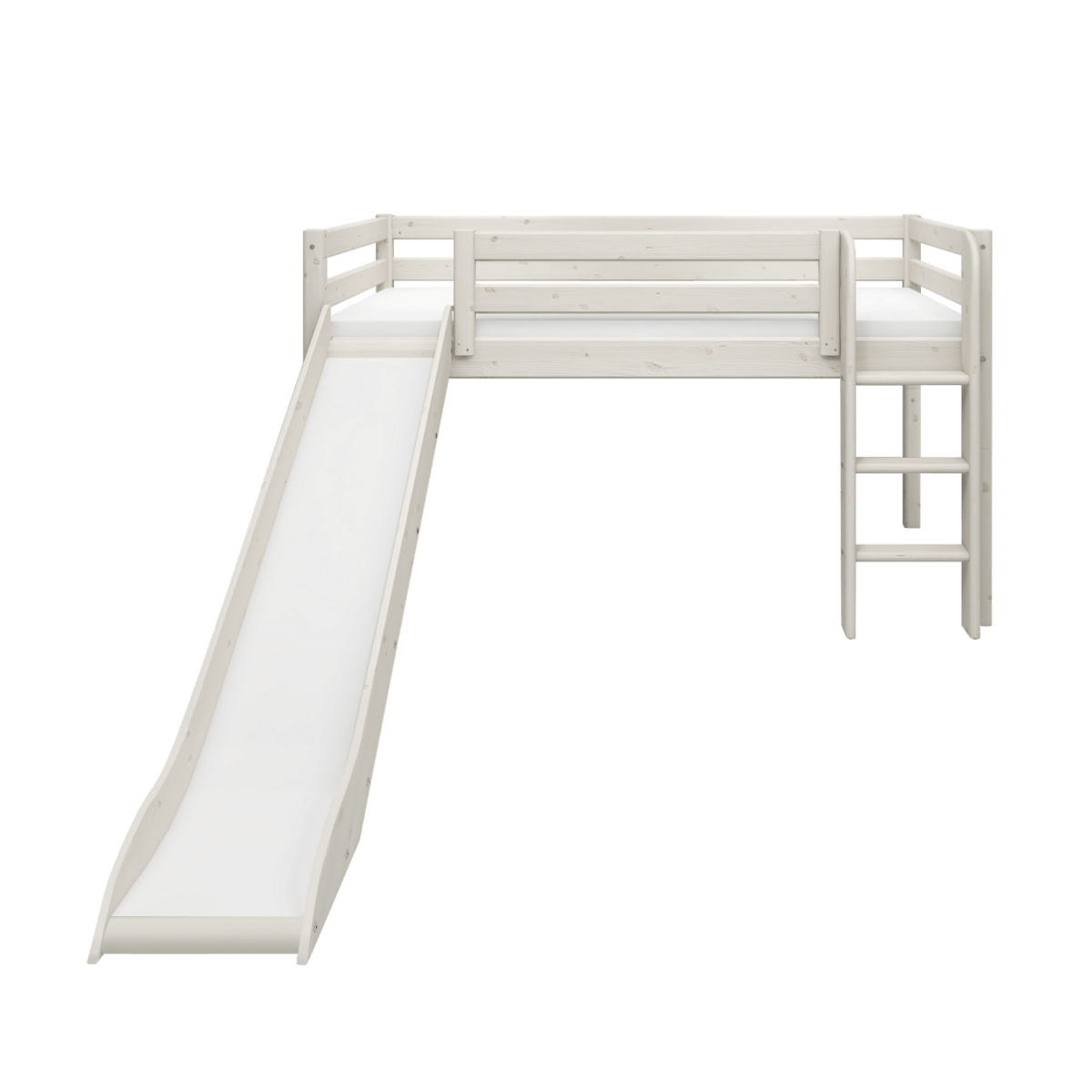 High bed with slide and ladder, 120 cm, 90x200 cm, white, perfect for children's playful rooms.