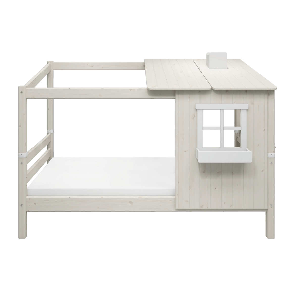FLEXA CLASSIC Single Bed with Half House and Ladder, 90x200 cm, in White, perfect for children's imaginative play.