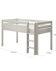High bed with safety railing and ladder, dimensions 218x110x120 cm, ideal for children's rooms, in white.