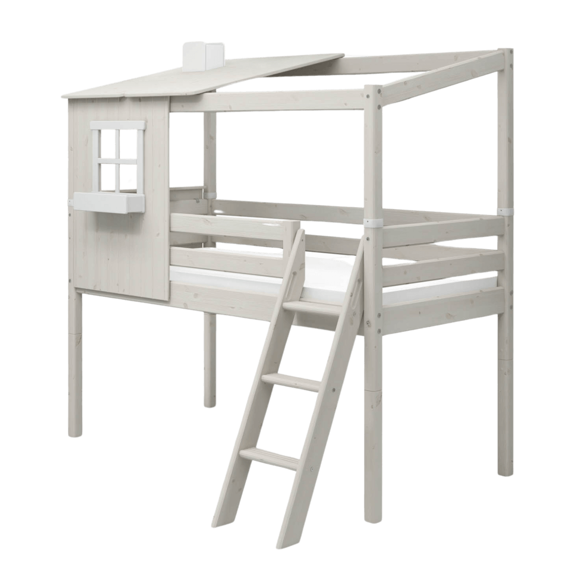 High bed with house design, ladder and safety rail in white, perfect for children's play and sleep.