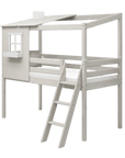 High bed with house design, ladder and safety rail in white, perfect for children's play and sleep.
