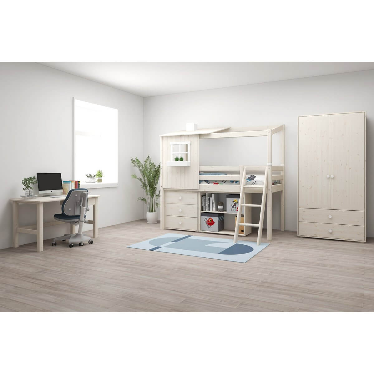 Children's room featuring a high bed with house design, desk, and storage, creating a cozy and functional space.