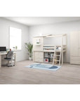 Children's room featuring a high bed with house design, desk, and storage, creating a cozy and functional space.