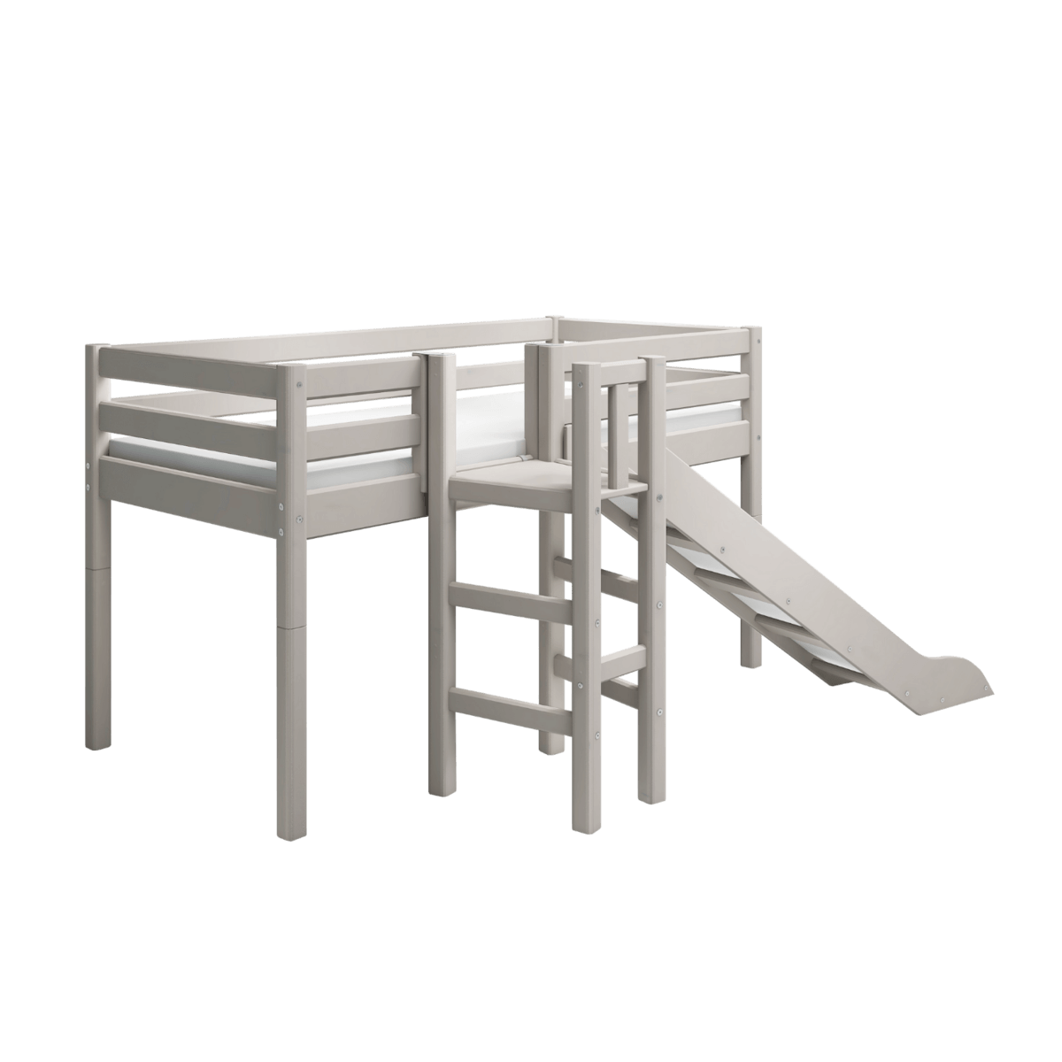 High bed with slide and safety rail, designed for children's fun, in grey color, measuring 90x200 cm.