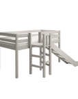 High bed with slide and safety rail, designed for children's fun, in grey color, measuring 90x200 cm.