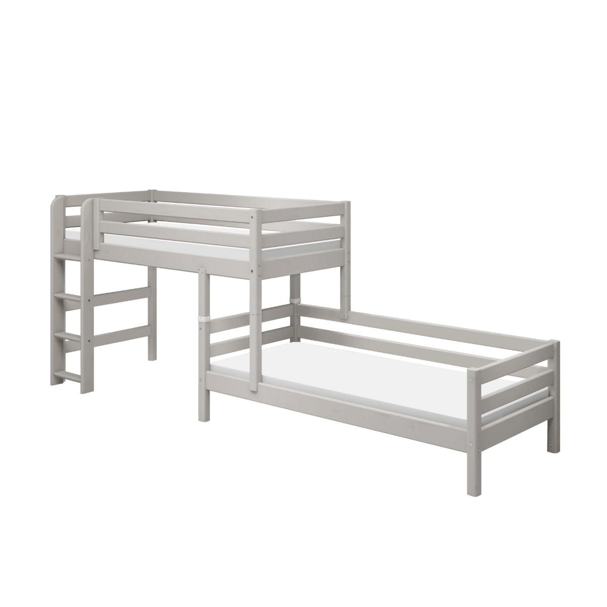 FLEXA Classic grey bunk bed with ladder and safety rail, space-saving design, ideal for kids&#39; rooms.