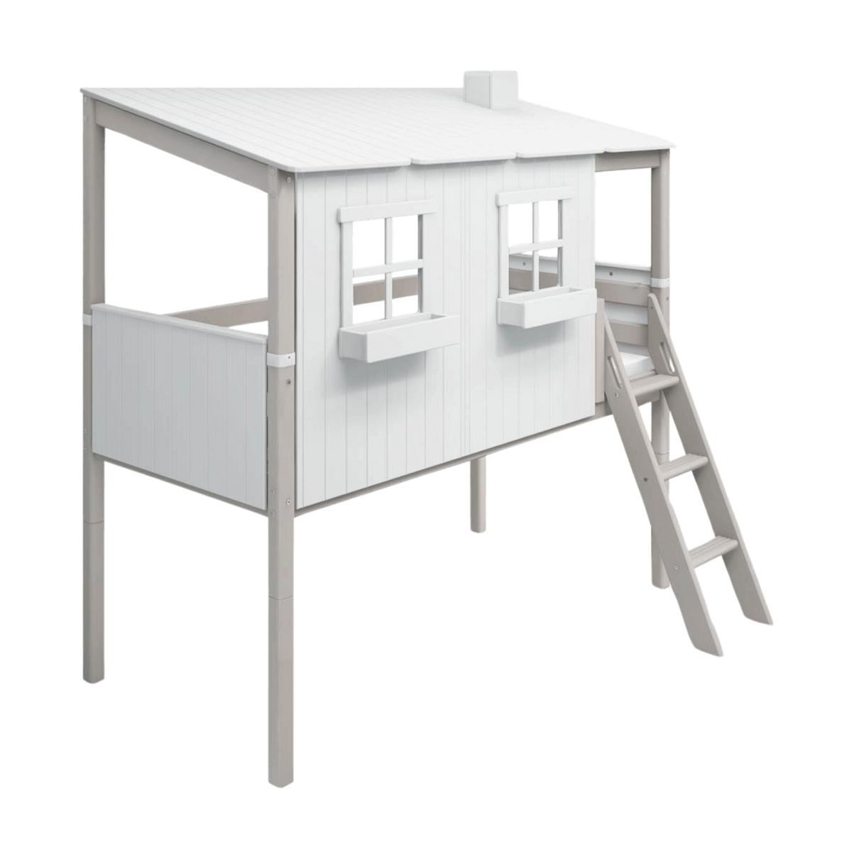 High bed in white and grey design resembling a house with ladder for children's imaginative play.