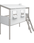 High bed in white and grey design resembling a house with ladder for children's imaginative play.