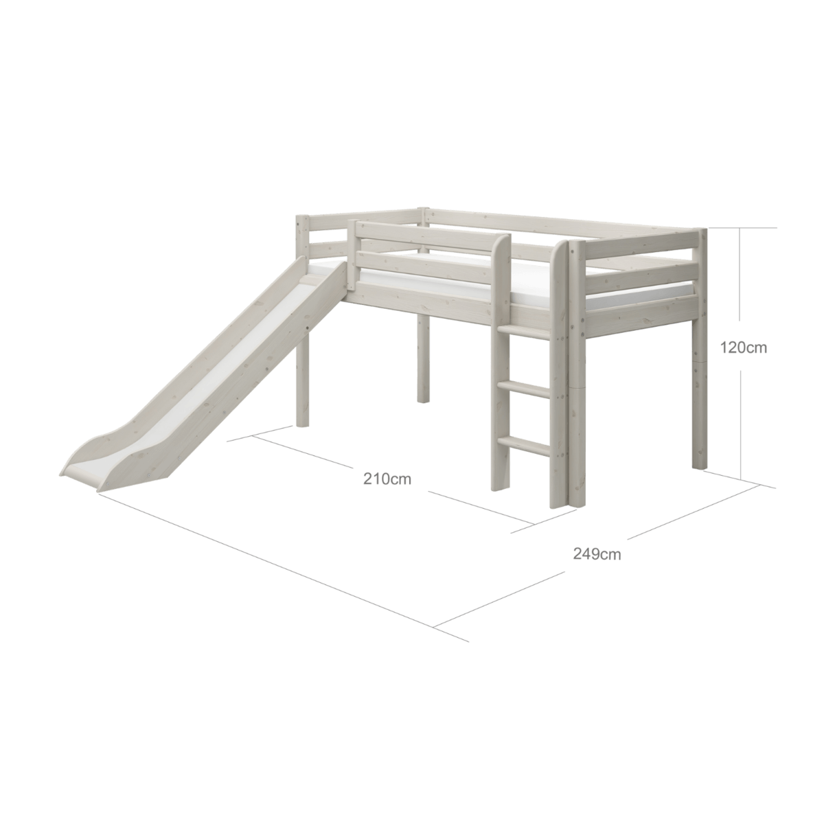 FLEXA CLASSIC Mid-High Bed 120 cm with slide and ladder, dimensions 90x200 cm, in white, ideal for kids' playful rooms.