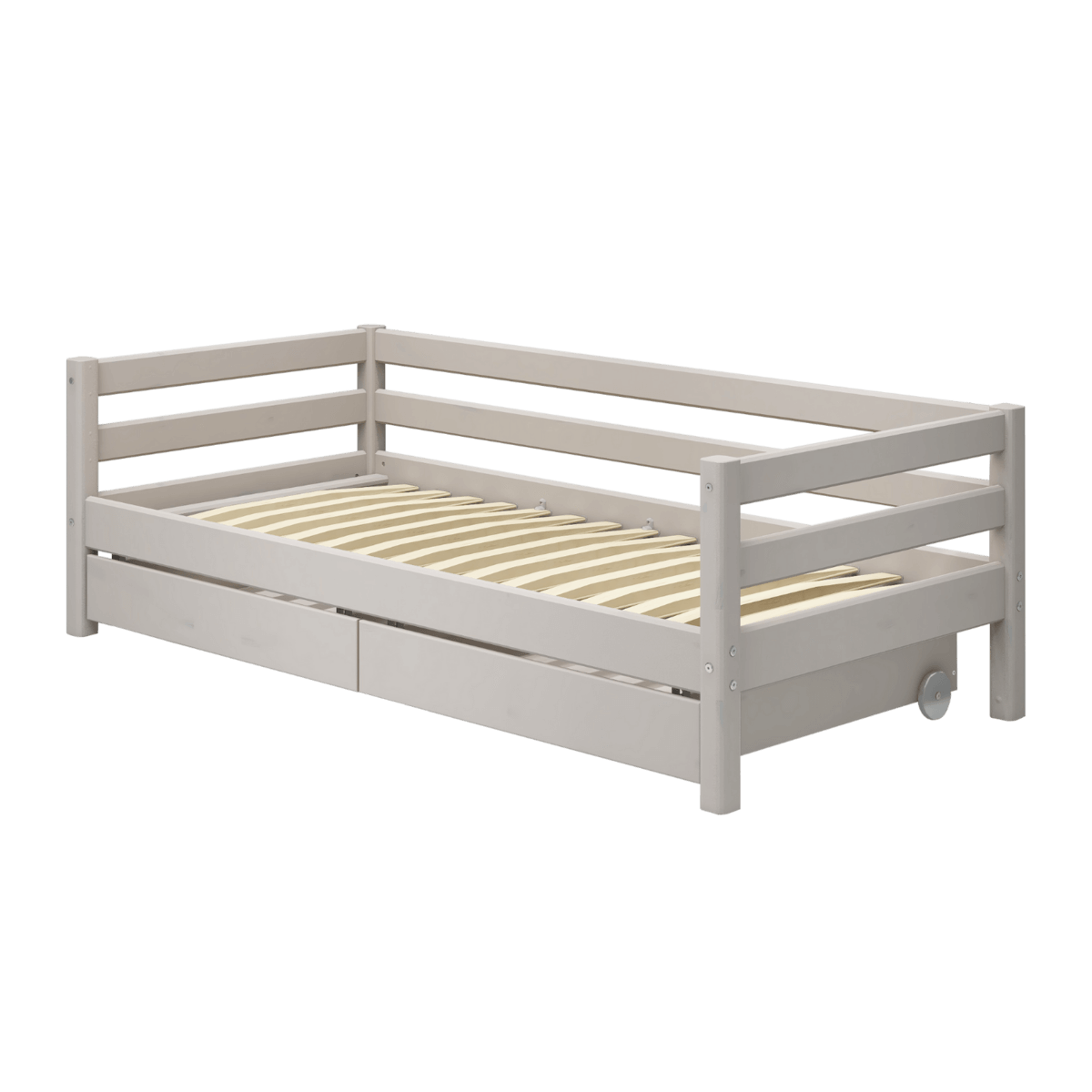 Versatile grey single bed with storage, 90x200 cm, featuring a headboard and clean Scandinavian design.