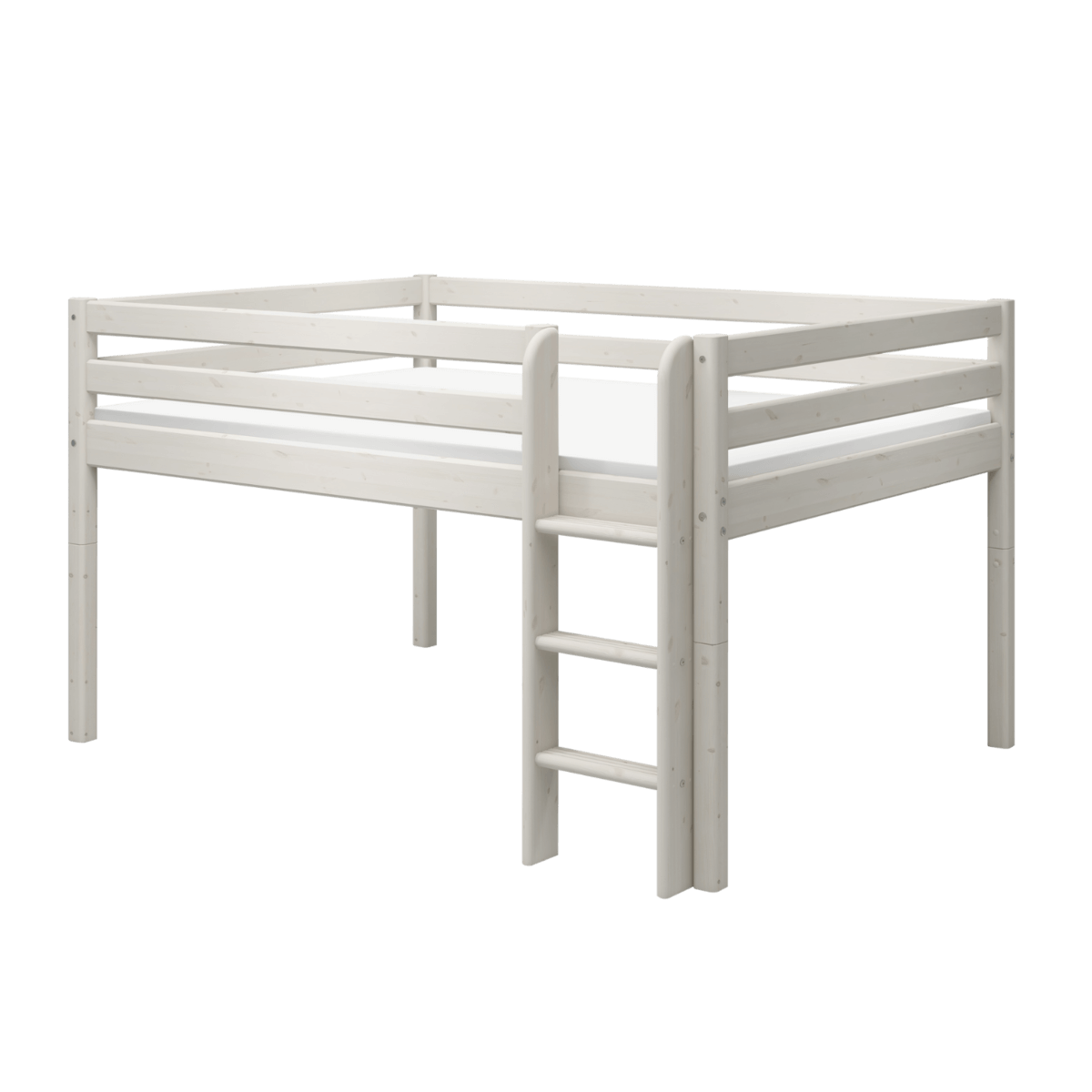 High bed 120 cm with safety rail, ladder, and spacious design in white, perfect for play and storage underneath.