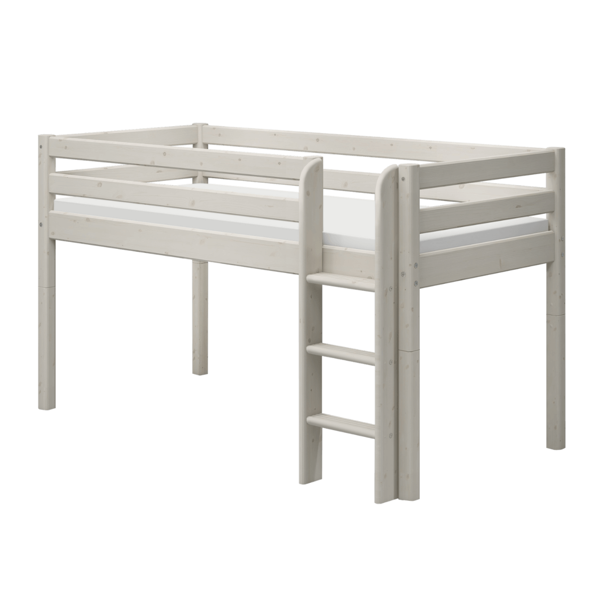 High bed with safety rail and stairs, ideal for children, featuring a timeless white design for stylish bedrooms.