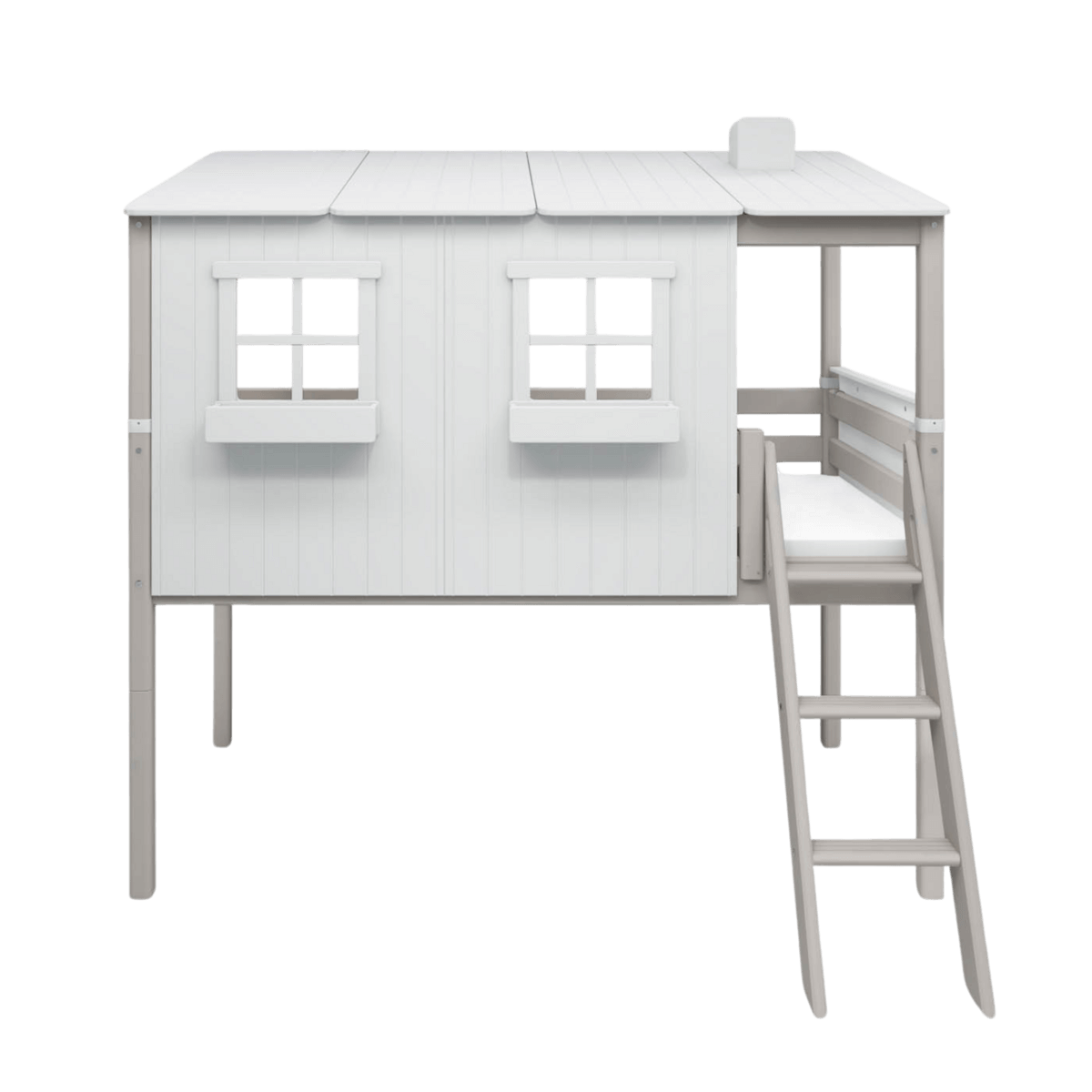 High bed with house and ladder, perfect for kids' imaginative play, featuring windows and cozy space below.
