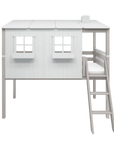 High bed with house and ladder, perfect for kids' imaginative play, featuring windows and cozy space below.