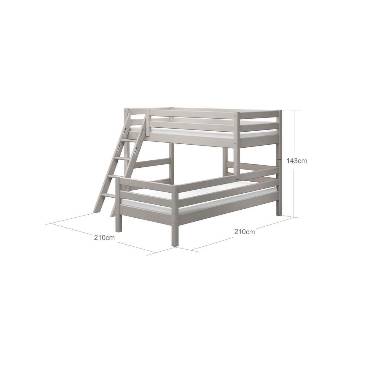 Grey bunk bed with ladder and safety rail, 143 cm high, 90x200 cm, ideal for space-saving in shared bedrooms.