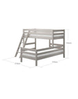 Grey bunk bed with ladder and safety rail, 143 cm high, 90x200 cm, ideal for space-saving in shared bedrooms.