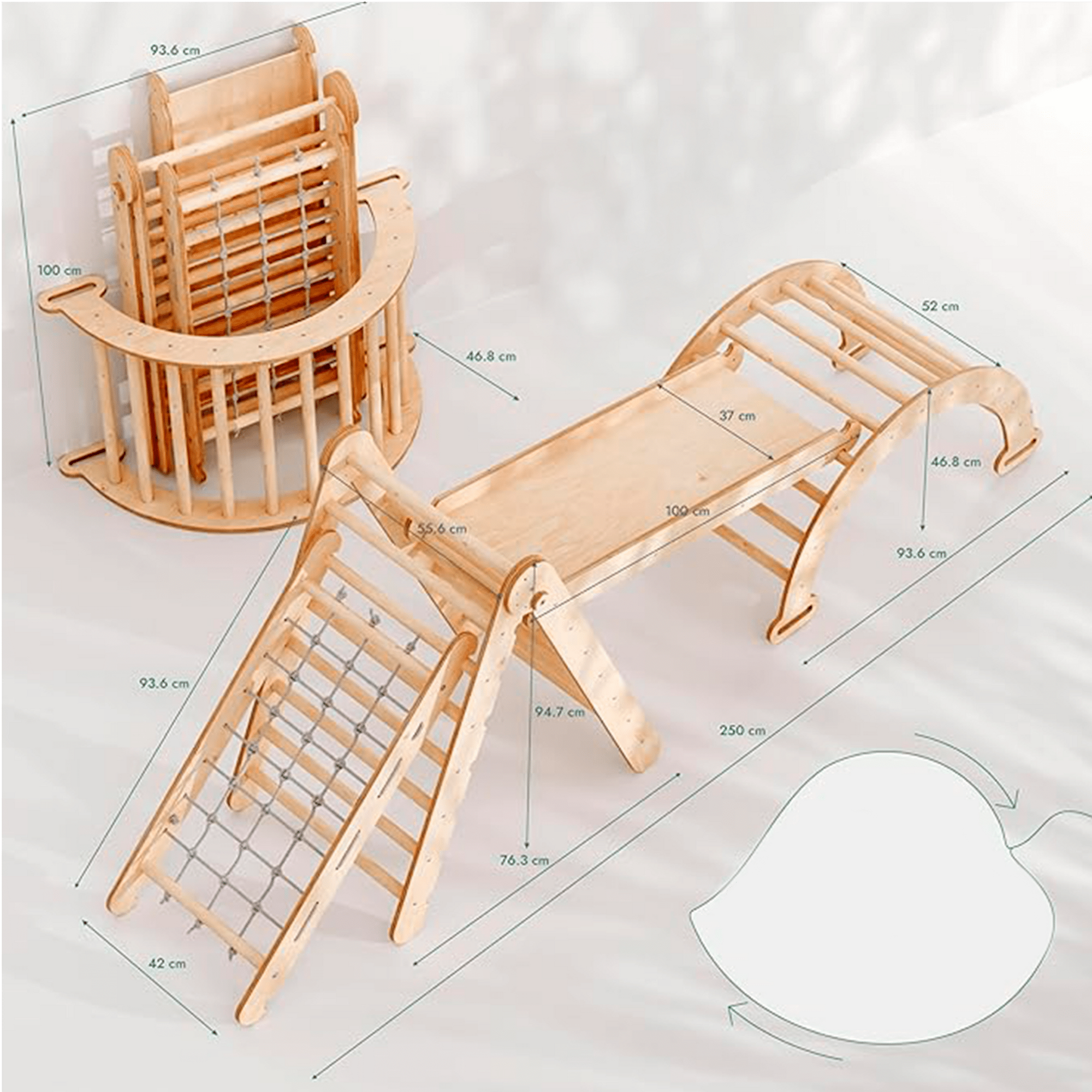 4in1 Montessori Klettergerüst Set: Kletterdreieck mit Rutsche, Kletterbogen, Kletternetz, für Kinder 1-7 Jahre – Beige-1