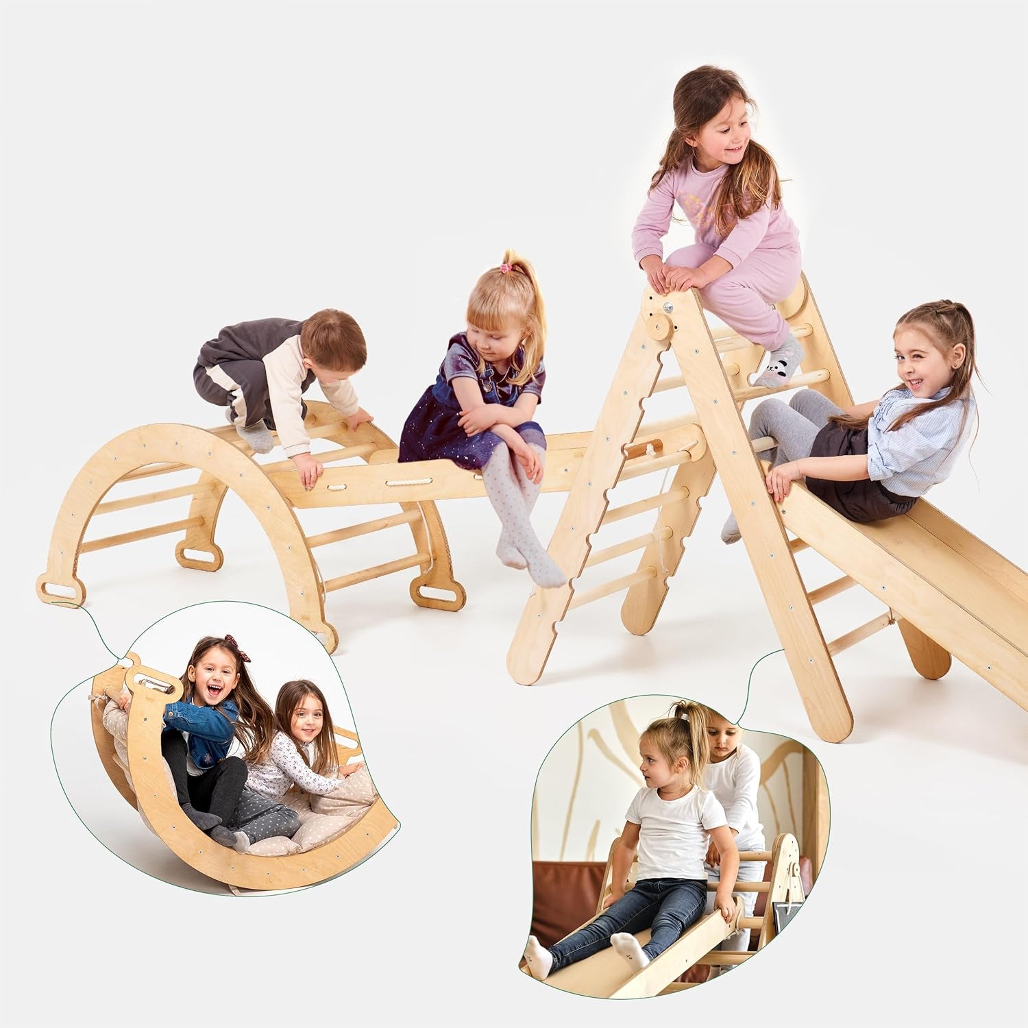 4in1 Montessori Klettergerüst Set: Kletterdreieck mit Rutsche, Kletterbogen, Kletternetz, für Kinder 1-7 Jahre – Beige-2
