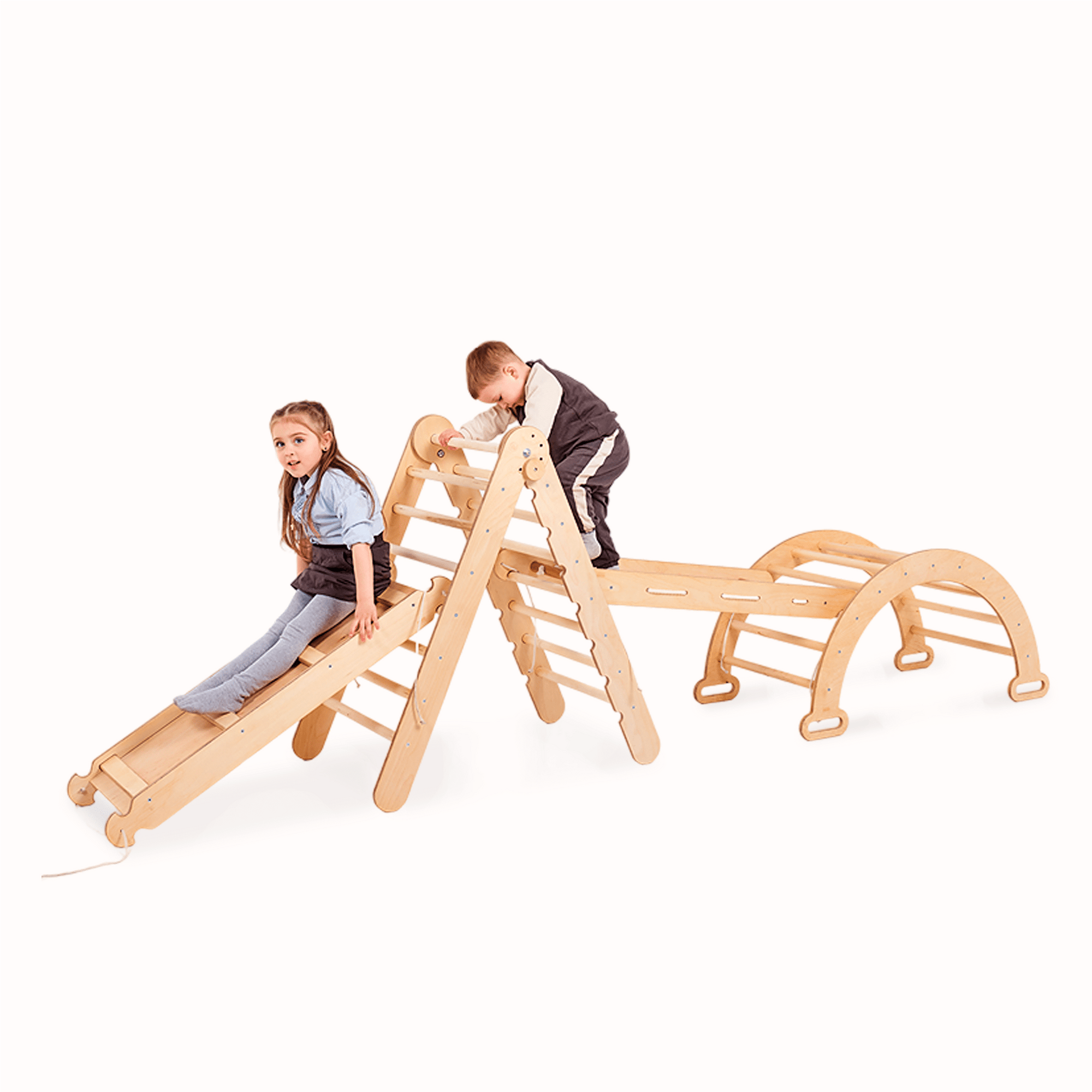 4in1 Montessori Klettergerüst Set: Kletterdreieck mit Rutsche, Kletterbogen, Kletternetz, für Kinder 1-7 Jahre – Beige-0