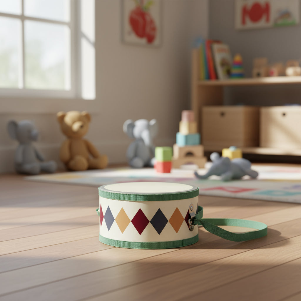 Small drum with diamond pattern and green accents on in a nursery
