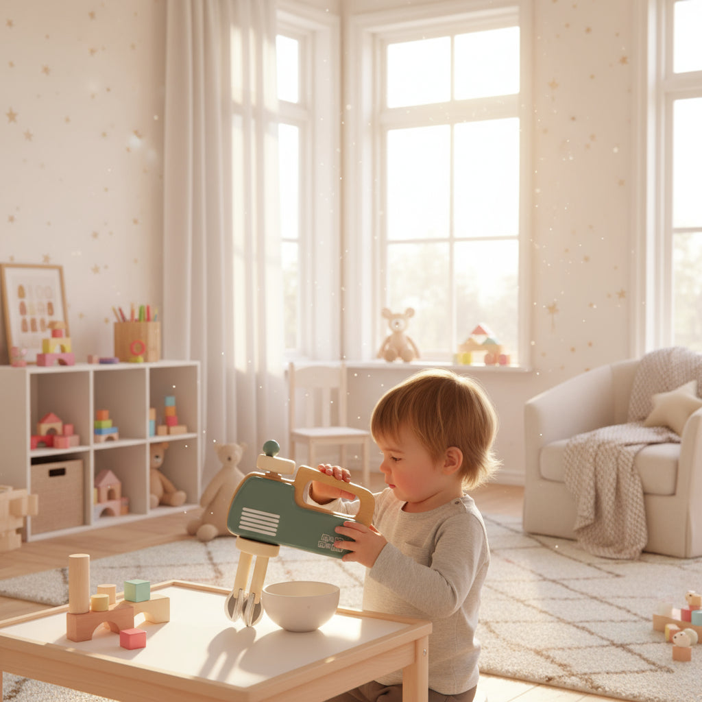 Mamamemo Wooden Hand Mixer in green and orange, spinning whisk for imaginative pretend play, eco-friendly toy.