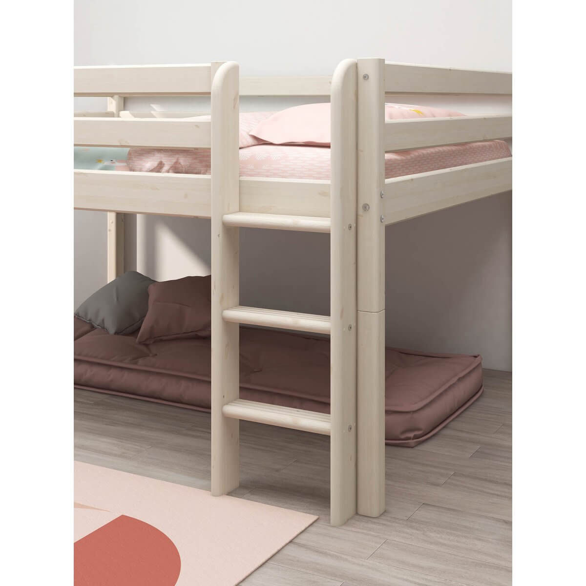 High bed with safety rail and straight ladder, anti-slip steps, and cozy under-bed area for storage and play.
