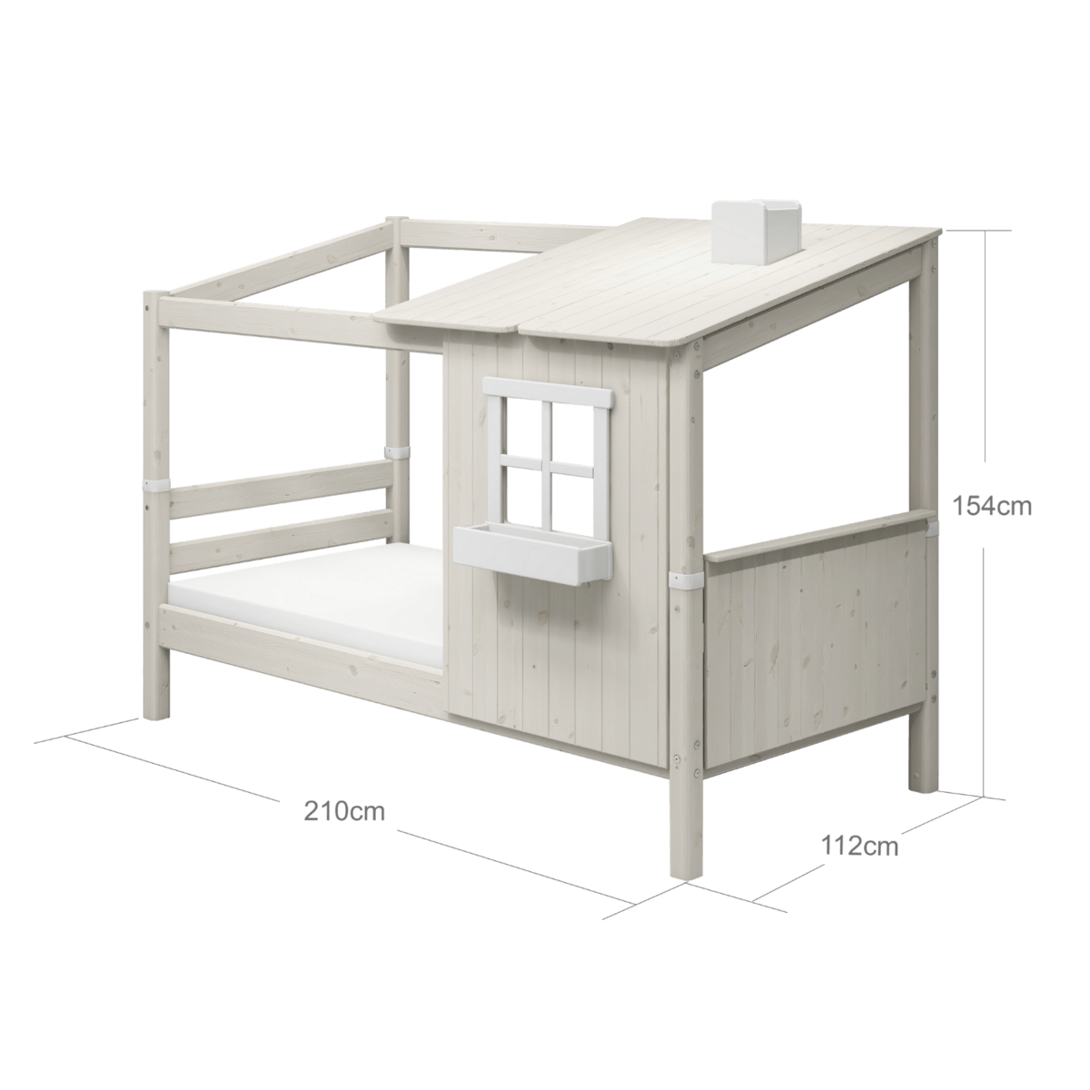 FLEXA CLASSIC Single Bed with Half House, 90x200 cm, White, featuring ladder and dimensions.