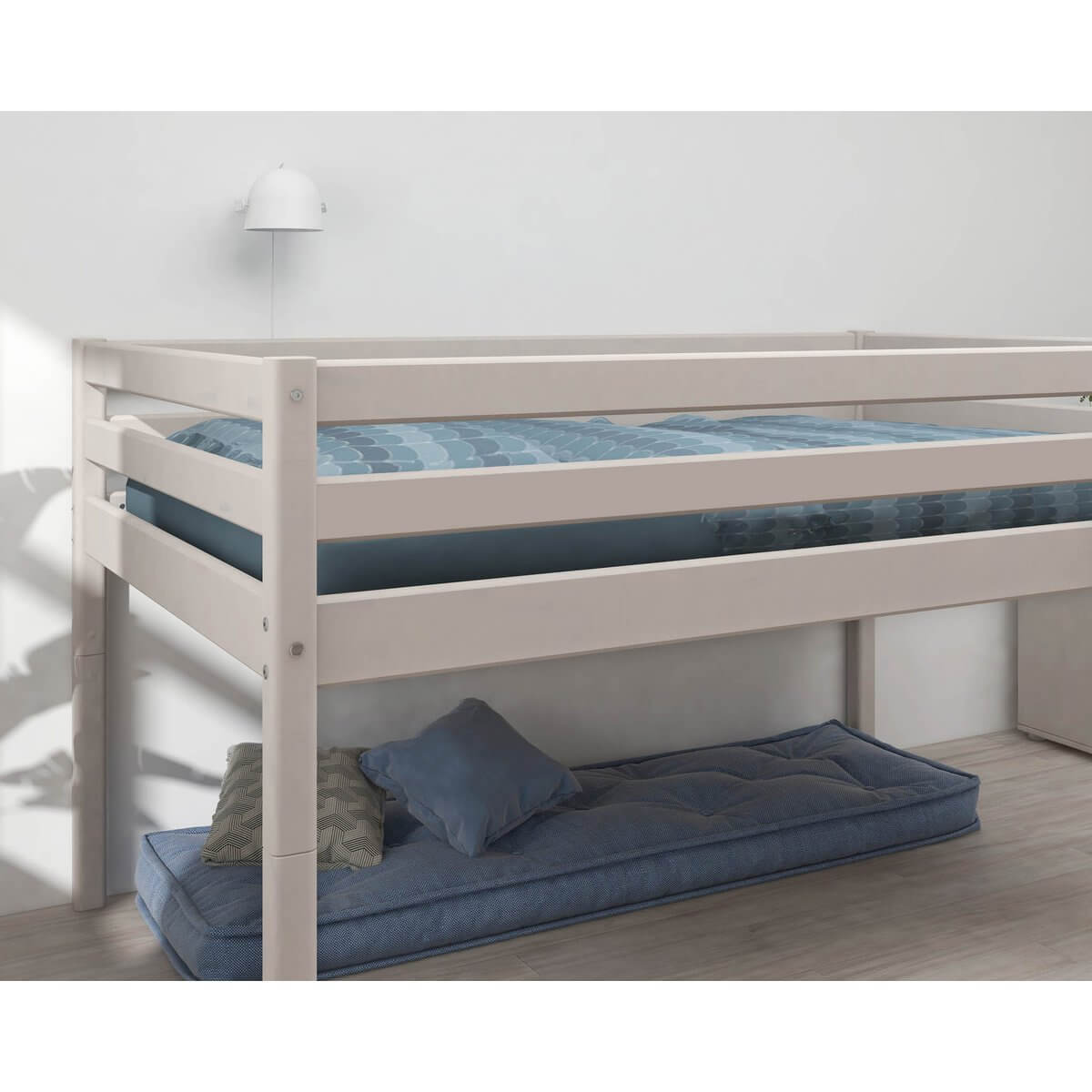 High bed with safety rail and blue mattress, designed for comfort and space efficiency, perfect for kids' rooms.