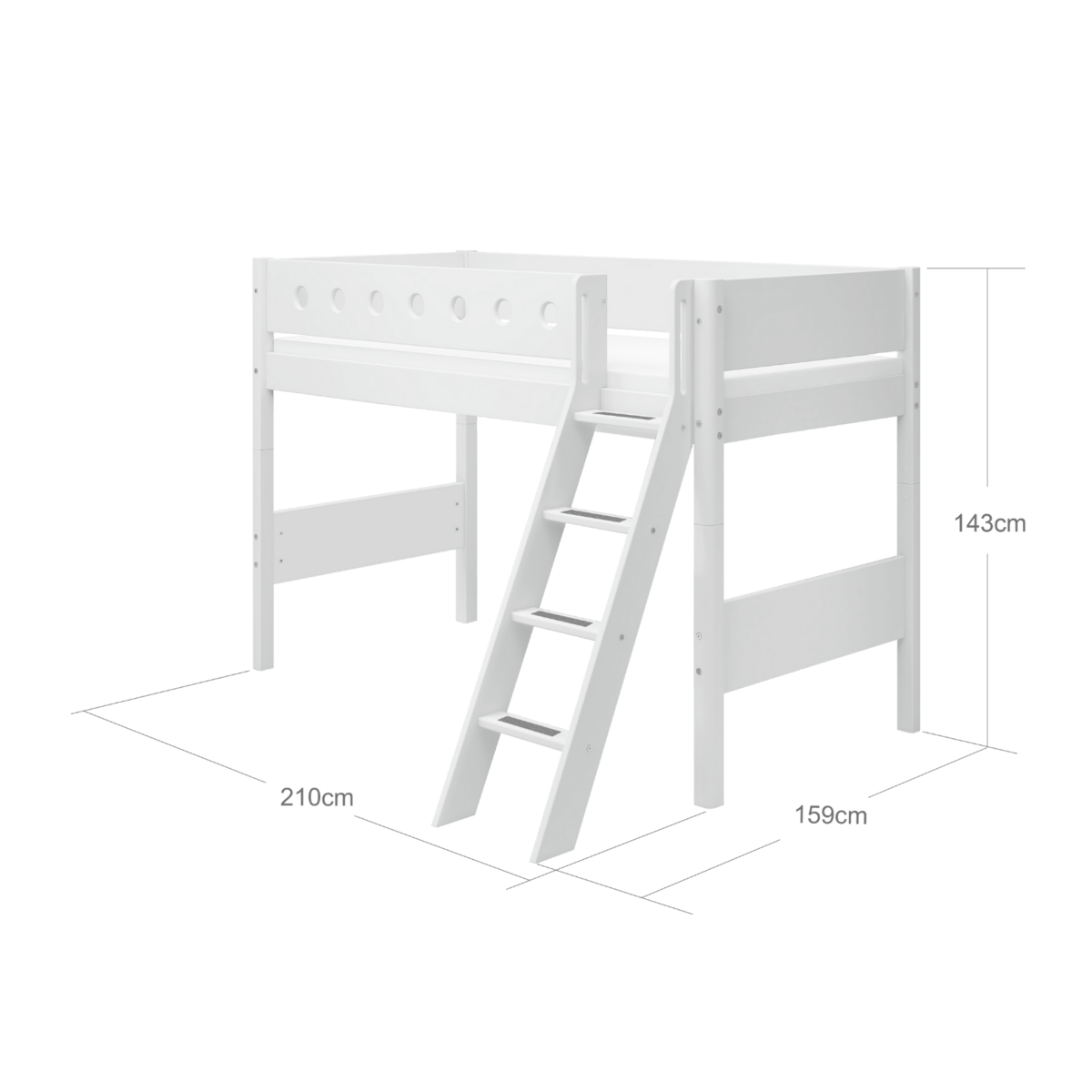 White high bed measuring 143 cm with a ladder, designed for children, ideal for maximizing space and safety.