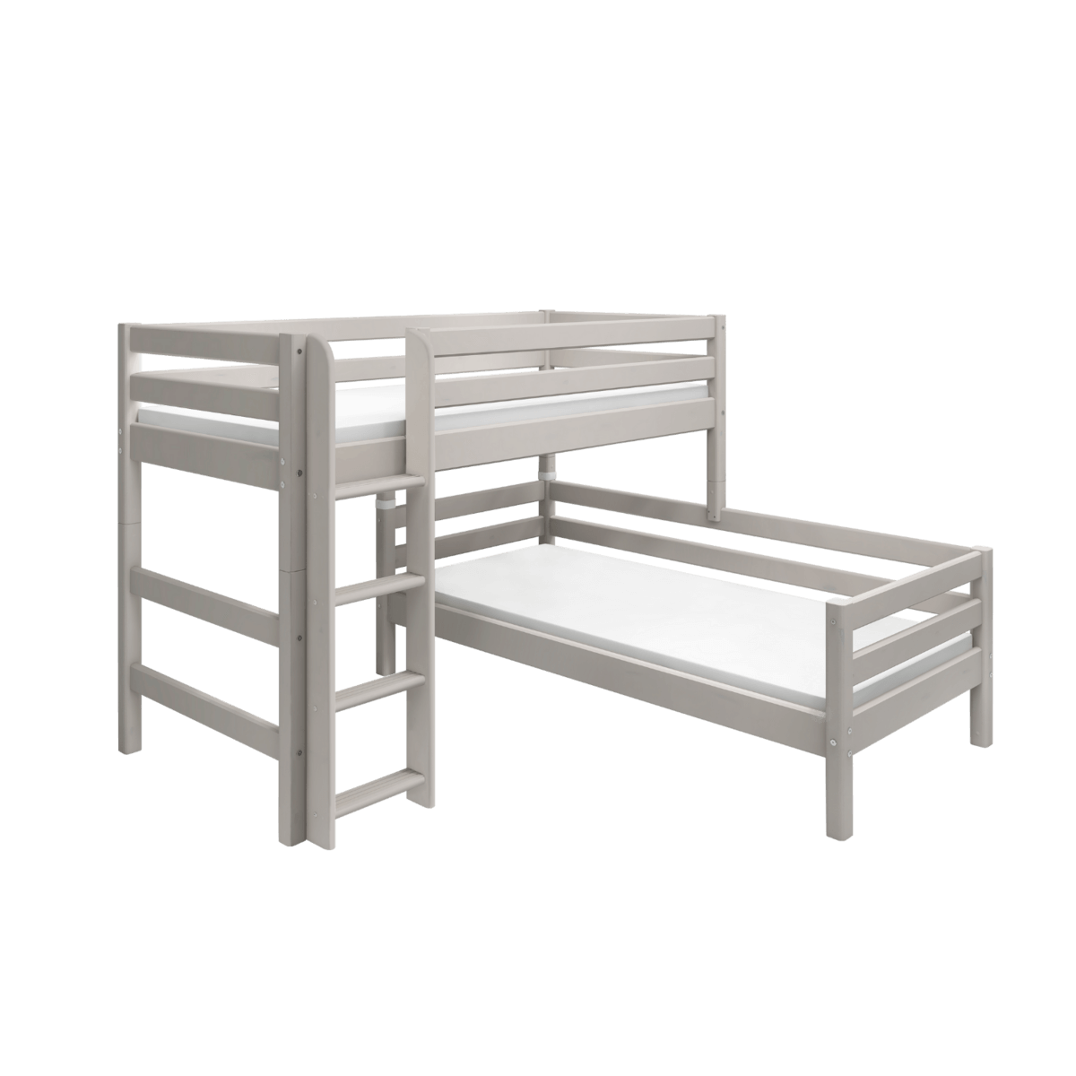 Grey bunk bed with ladder and safety rail, perfect for smaller spaces and growing children, part of the FLEXA CLASSIC collection.