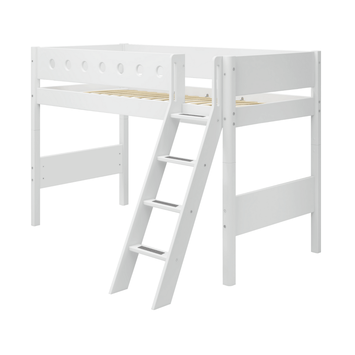 High bed with ladder and safety rail in white, suitable for older children, perfect for space-saving and flexibility.