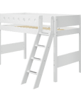 High bed with ladder and safety rail in white, suitable for older children, perfect for space-saving and flexibility.