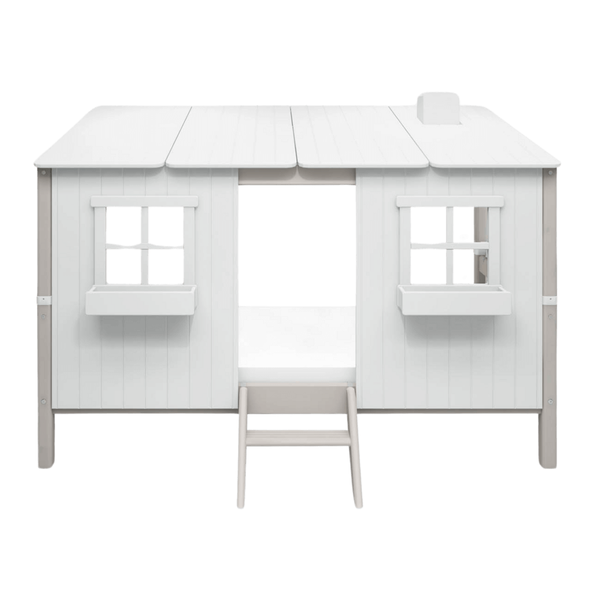 FLEXA CLASSIC single bed with house design, white and grey, featuring windows and a ladder for children's imaginative play.