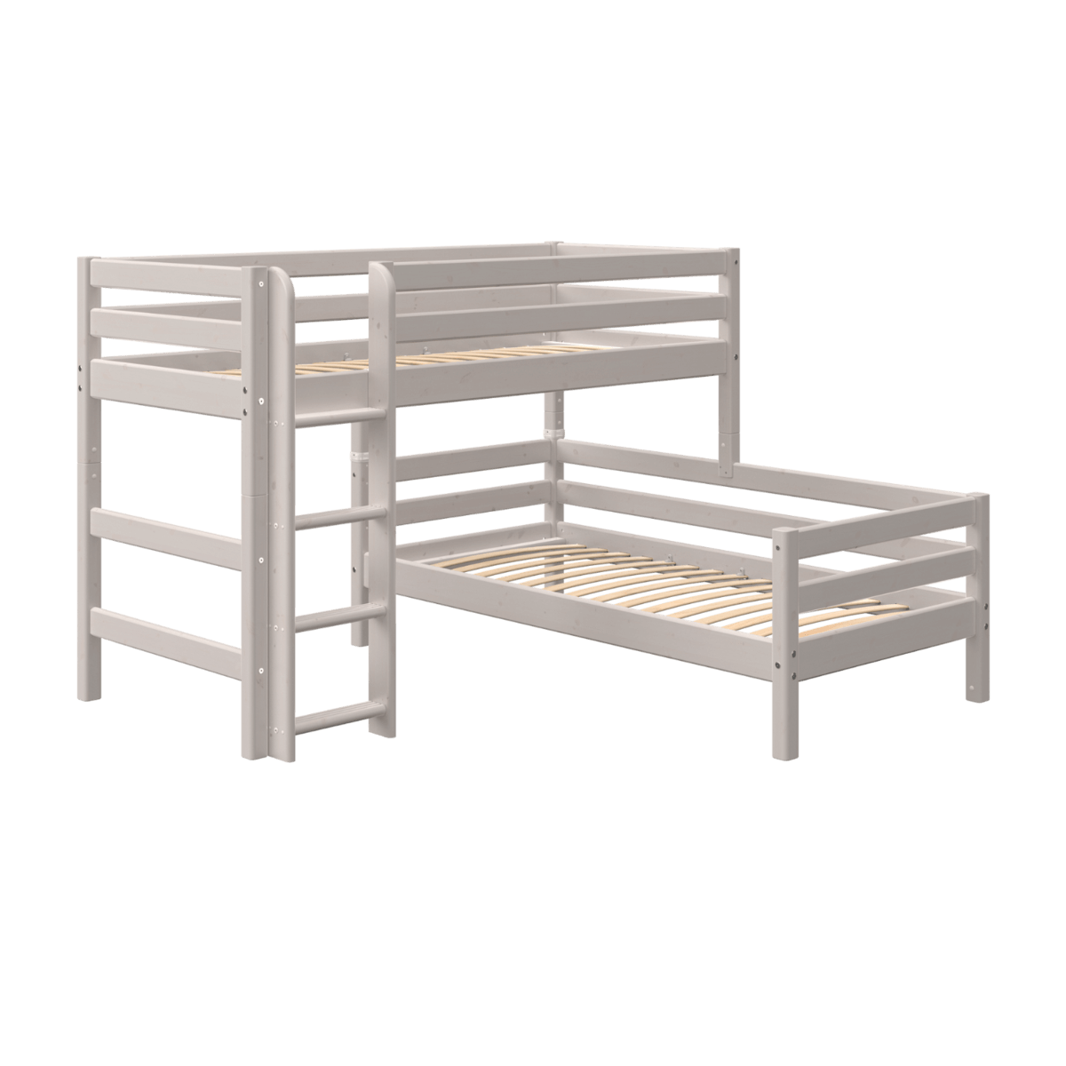 FLEXA Classic 143 cm grey bunk bed with ladder and safety rail, designed for children, space-saving solution.