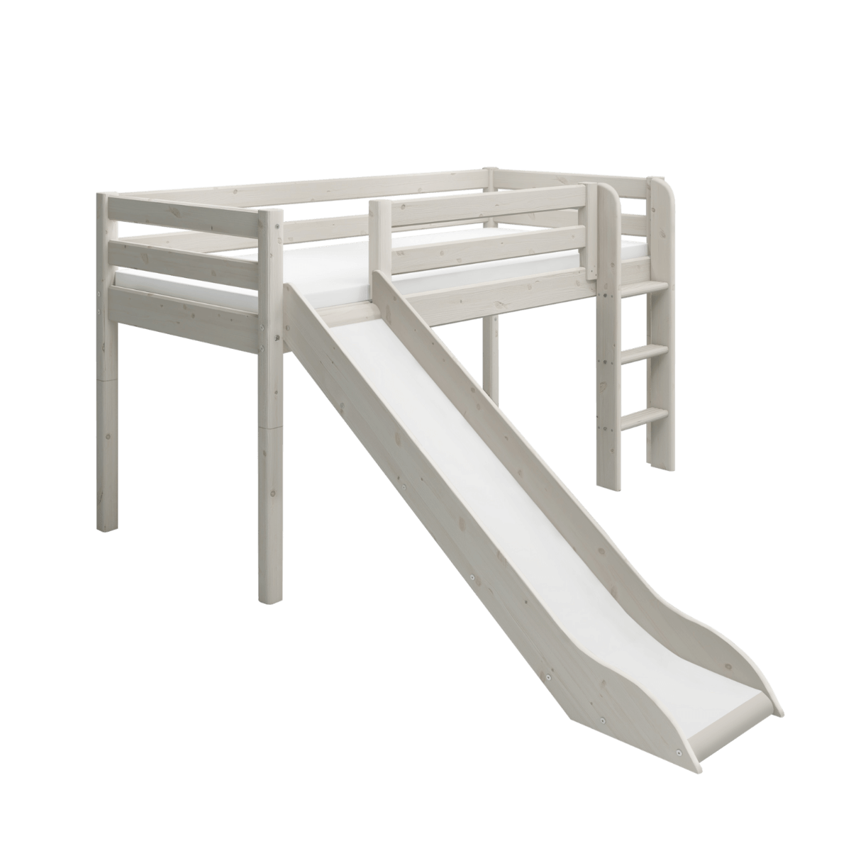 White high bed with slide and ladder for children, designed for playful bedroom retreats.